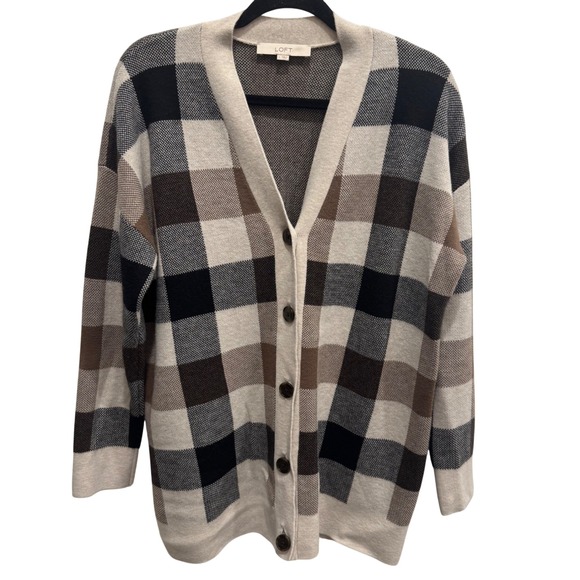 LOFT Sweaters - LOFT Plaid Button Front Cardigan Sweater Large Neutral Checkered (Fall 2021)
